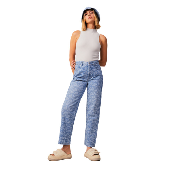 Afends Shelby Long Hemp Denim Wide Leg Jean Floral Blue