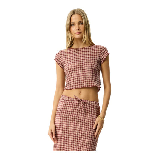 Afends Capricorn Seersucker Top - Burgundy/Beige Check