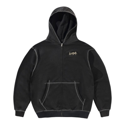 Butter Trail Stitch Zip Thru Hood - Washed Black