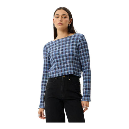 Afends Mountains Seersucker Long Sleeve Top - Navy Red Check