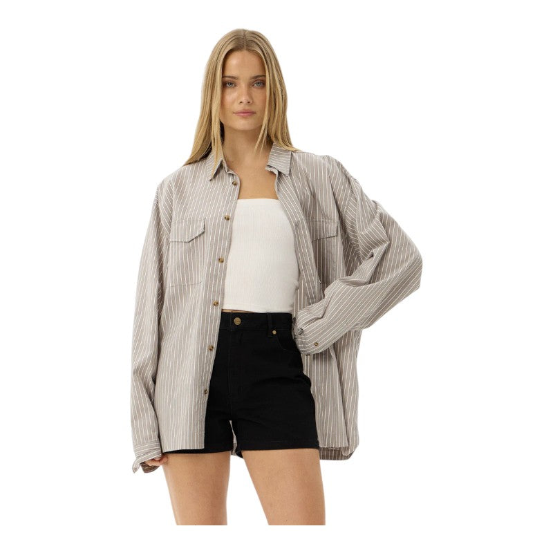 Afends Lennox Oversized Shirt - Olive Stripe